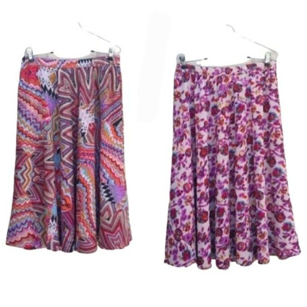 Indira Retro 70's Reversible Colorful Full Midi Skirt Hippie Floral Pink‎ Sz M